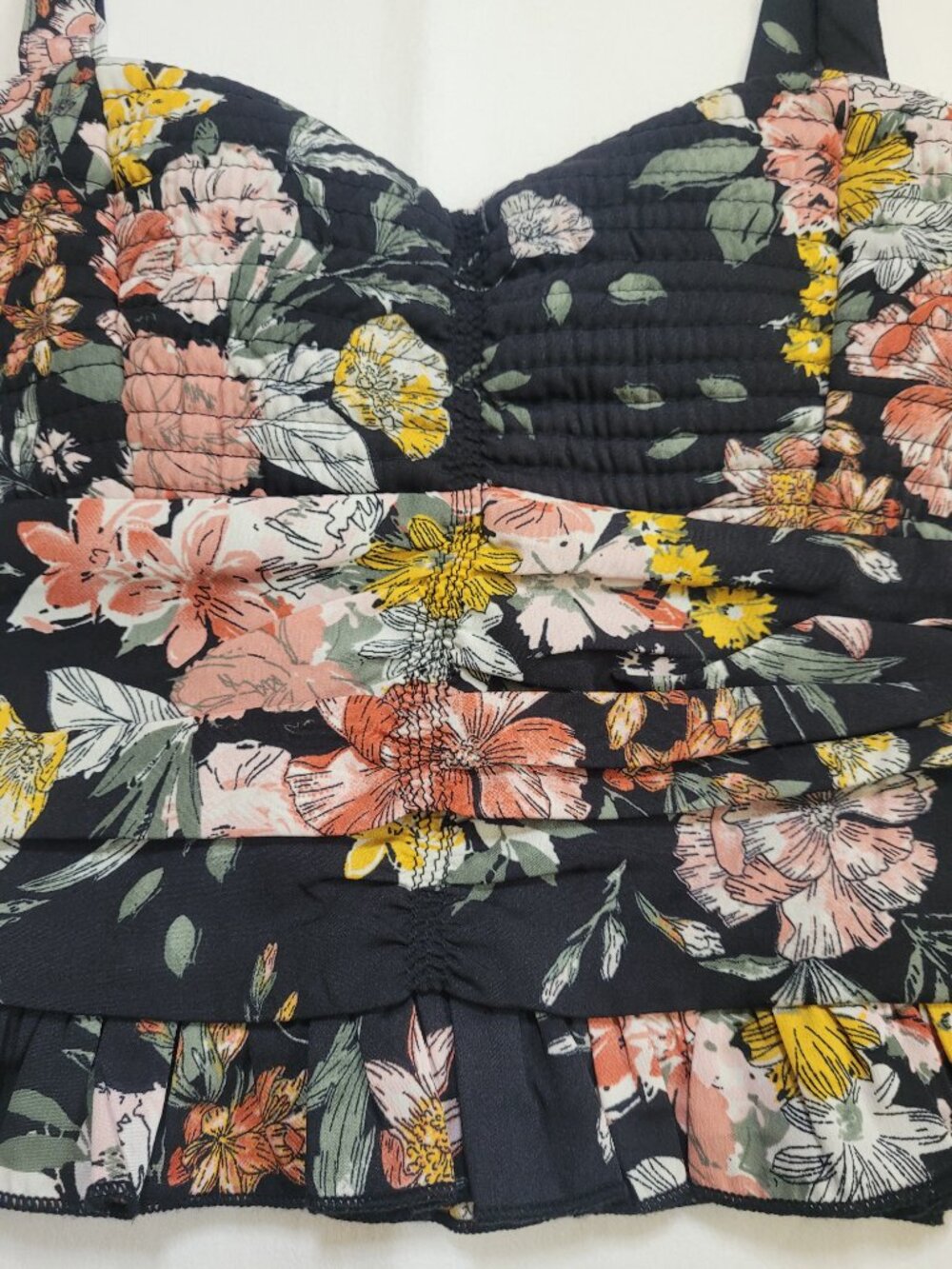 BOG Collective Black Floral Smocked Ruffle Crop Top Tank Small Boho - Picture 3 of 9